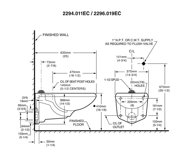 AMERICAN STANDARD AFWALL 1.28 - 1.6 GPF WALL MT ADA "RETRO FIT" TOILET AMERICAN STANDARD AFWALL 1.28 - 1.6 GPF WALL MT ADA "RETRO FIT" TOILET