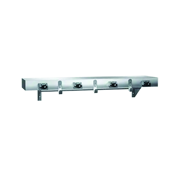 36” STAINLESS STEEL SHELF WITH 3 HOOKS, 4 MOP HOLDERS, & DRYING ROD 36” STAINLESS STEEL SHELF WITH 3 HOOKS, 4 MOP HOLDERS, & DRYING ROD